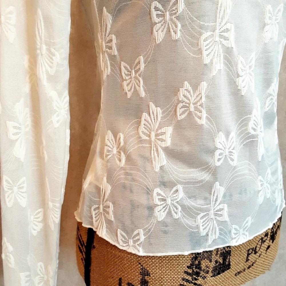 NWOT Ivory Cream Sheer Mesh Top Bows Pattern Long Sleeve Size L - Picture 6 of 11